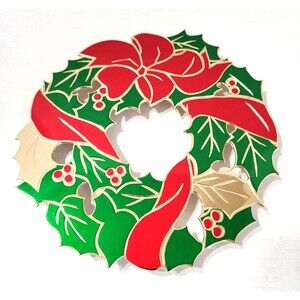 Vintage Cast Metal Green Red Christmas Holly Wreath Trivet Japan Red Bow 8"